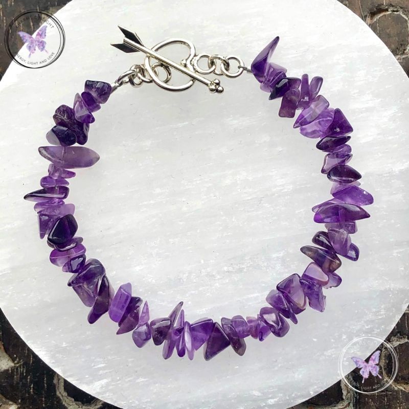 Amethyst Chip Bracelet with Silver Heart Toggle Clasp